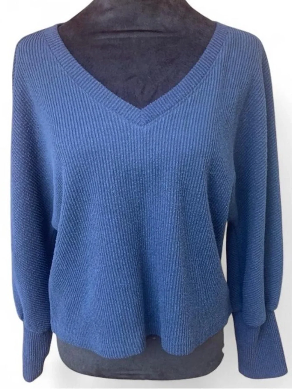 Preppy Slouchy Cozy Dark Blue Ribbed V-Neck Sweater with Dolman Sleeves